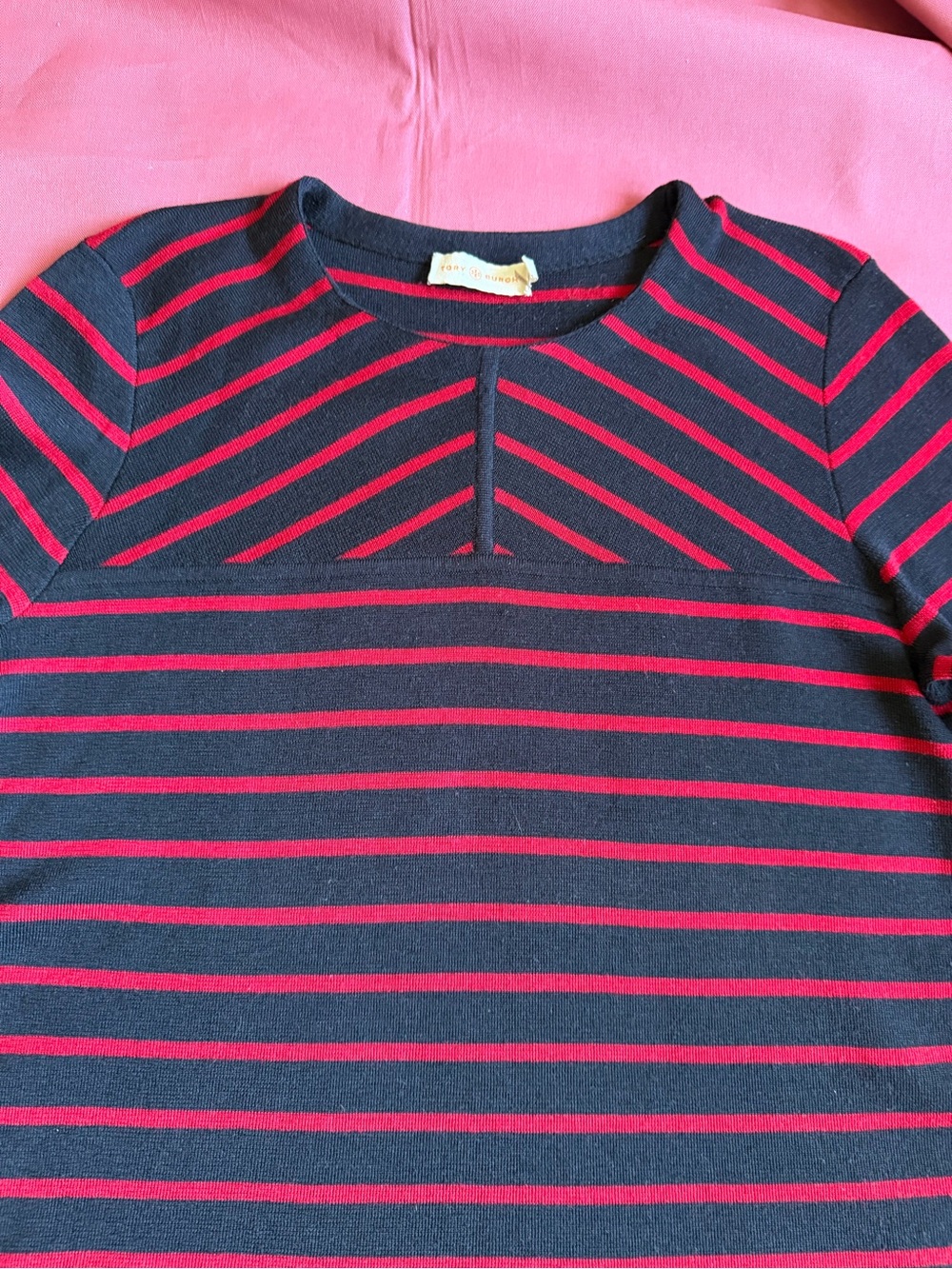 Tory Burch Seraphina Crew Neck Tunic Sweater Navy & Red Stripes 100% Merino Wool